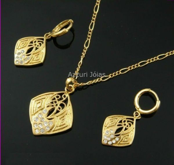 Colar e Brinco Folheado Ouro 18K Zircônias Cod 515